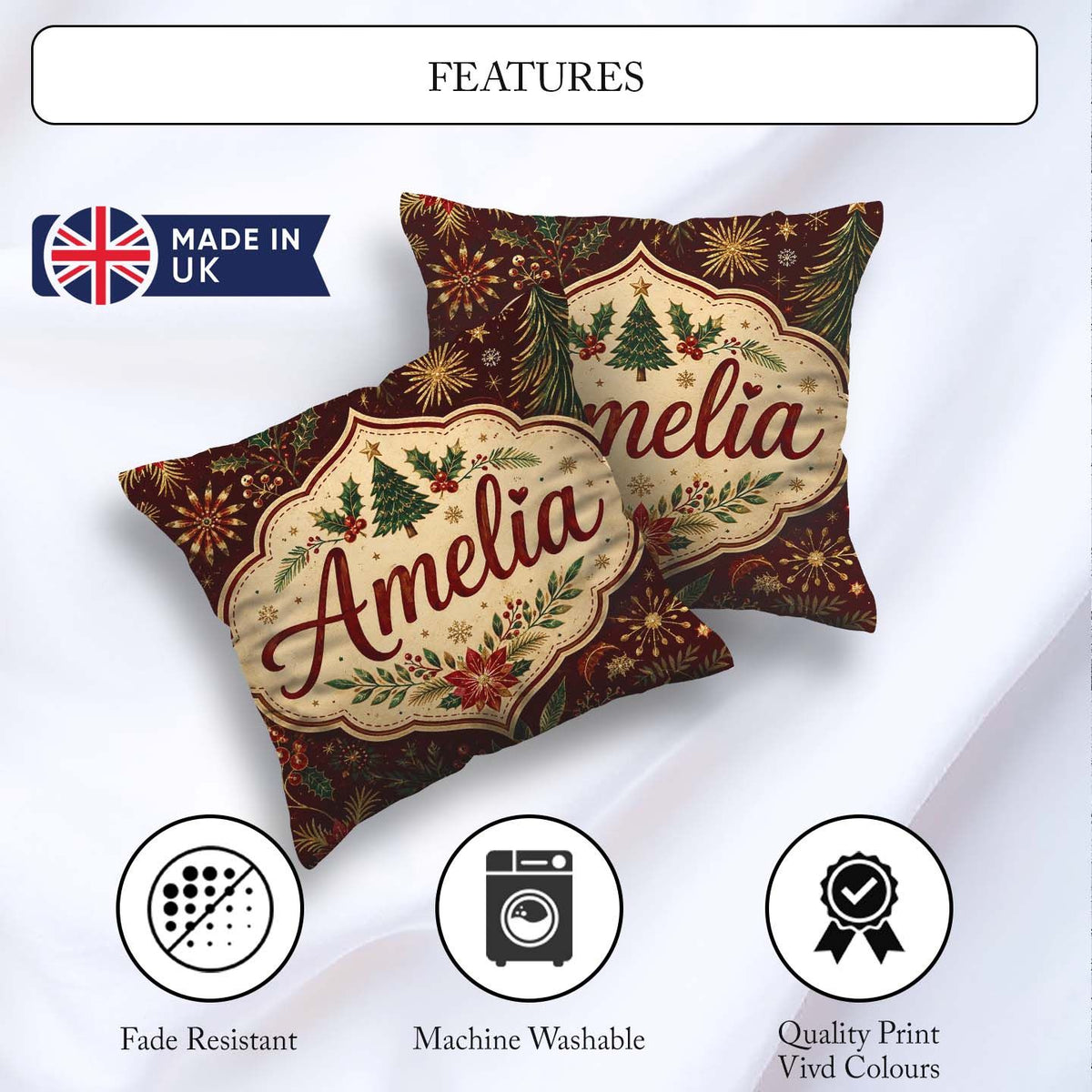 Custom Name Elegant Christmas Botanical Leaves Pine Branches and Square Filled Cushion Throw Pillow Sofa Bed Home Decor Zip Washable UK Made