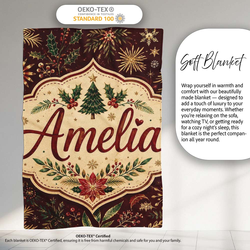 Elegant Christmas Botanical Leaves Pine Branches and Festive Holiday Personalised Custom Name Super Soft Fleece Blanket Bed Sofa Throw
