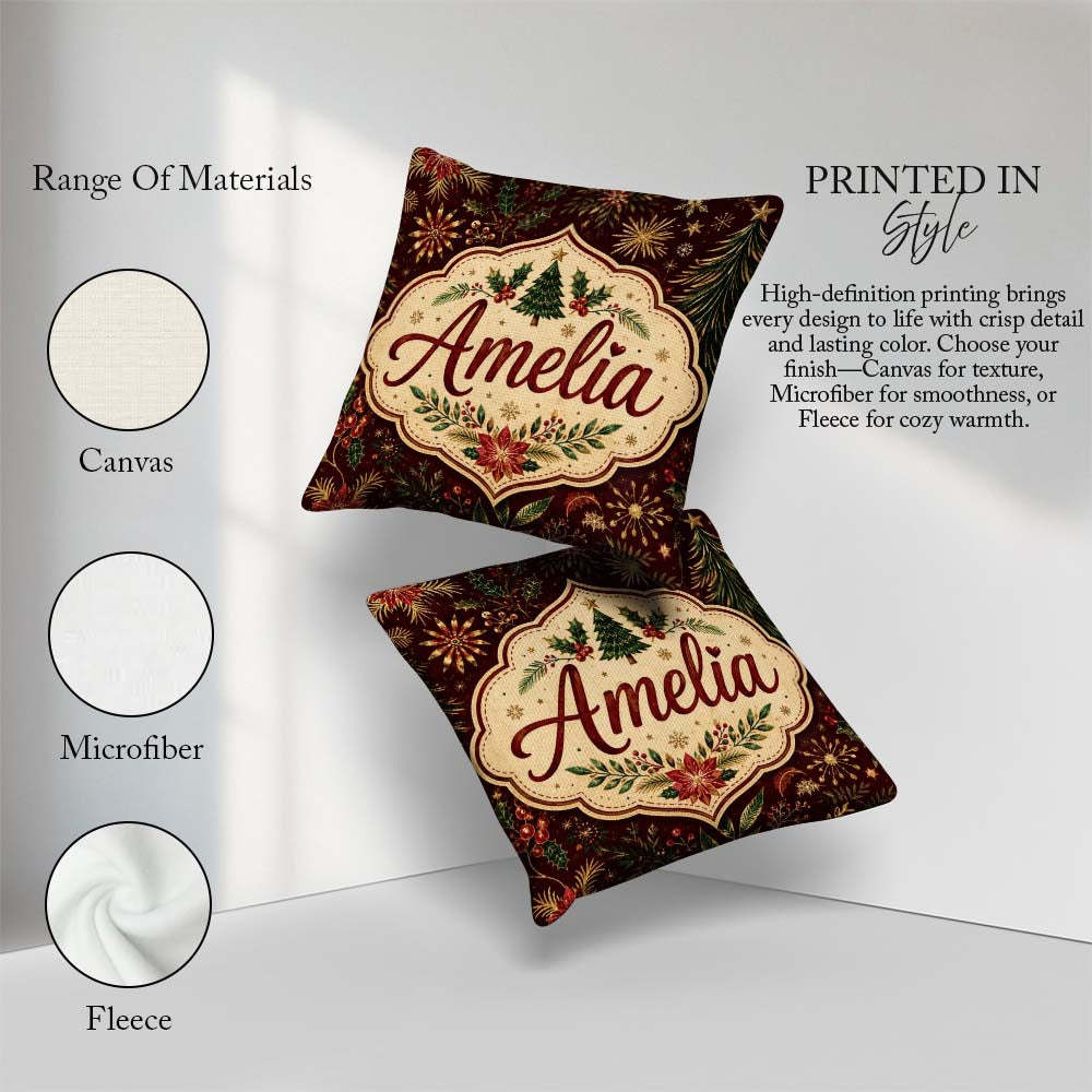 Custom Name Elegant Christmas Botanical Leaves Pine Branches and Square Filled Cushion Throw Pillow Sofa Bed Home Decor Zip Washable UK Made