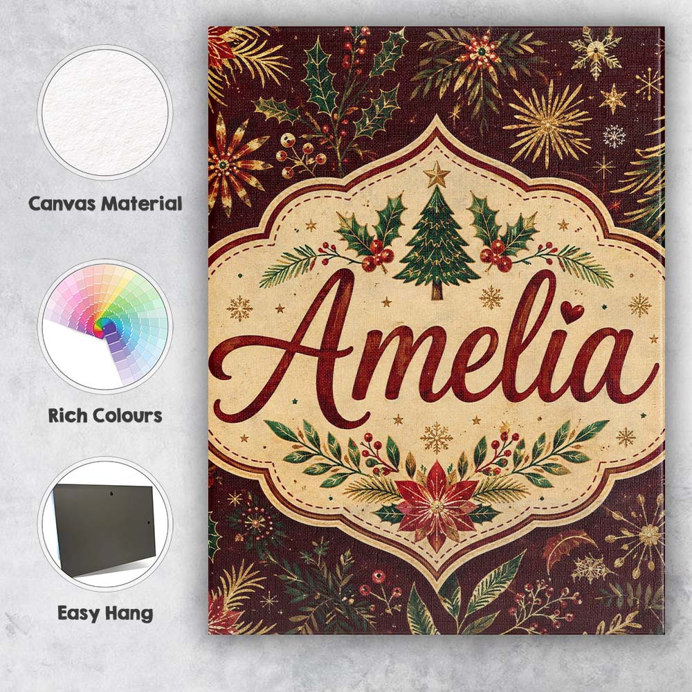 Personalised Name Elegant Christmas Botanical Custom Unique Gift Idea Modern Room Accent Canvas Wall Art Print Decor Picture Ready to Hang