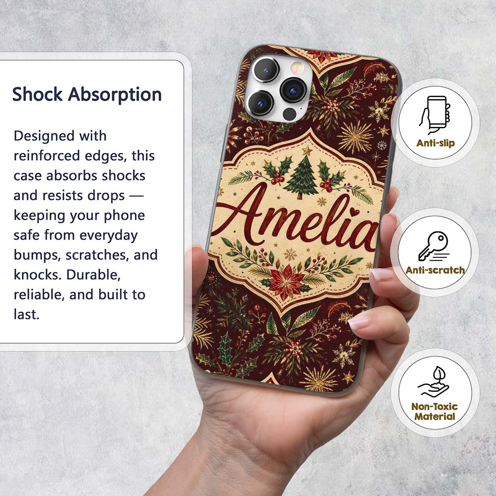 Elegant Christmas Botanical Leaves Pine Branches Custom Name Protective Phone Case Mobile Cover Durable Everyday Smartphone Shock Resistant