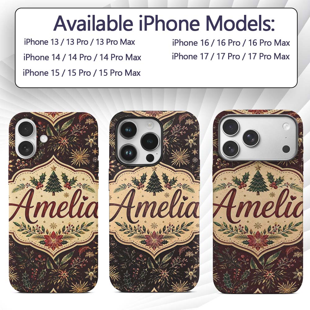 Elegant Christmas Botanical Leaves Pine Branches Custom Name Protective Phone Case Mobile Cover Durable Everyday Smartphone Shock Resistant