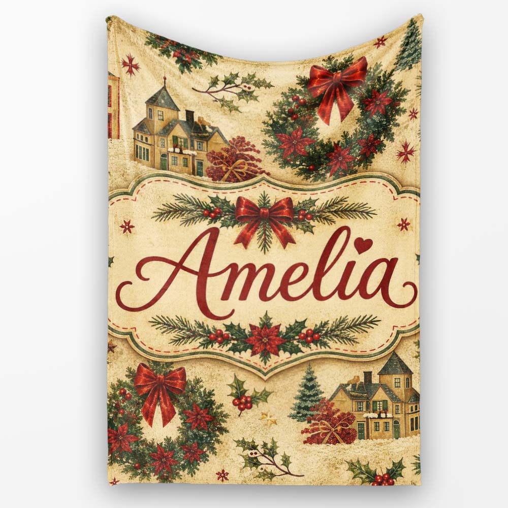 Vintage Christmas Wreaths Bows Houses and Festive Holiday Elements Personalised Custom Name Super Soft Fleece Blanket Bed Sofa Throw