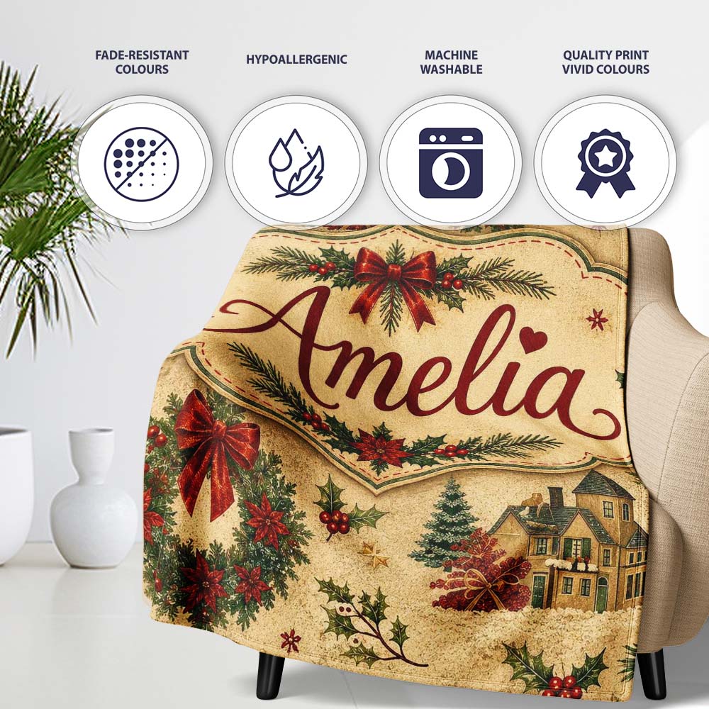 Vintage Christmas Wreaths Bows Houses and Festive Holiday Elements Personalised Custom Name Super Soft Fleece Blanket Bed Sofa Throw
