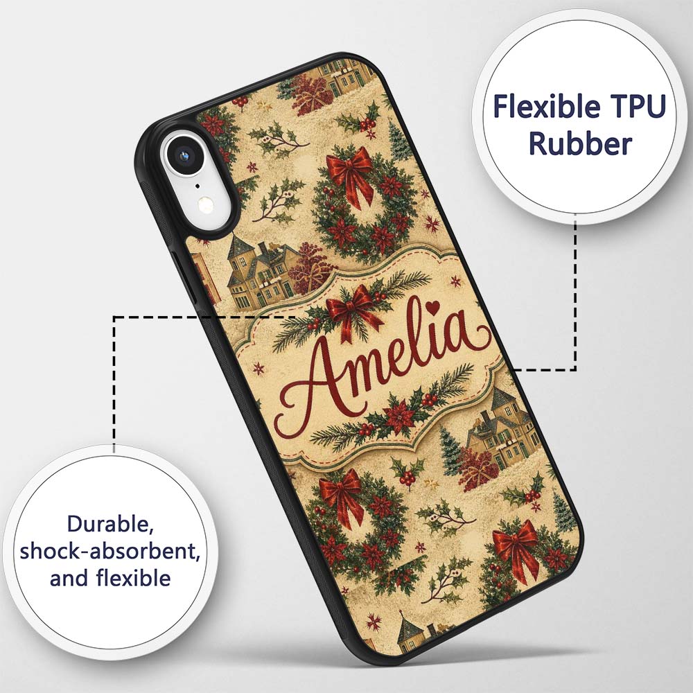 Vintage Christmas Wreaths Bows Houses and Festive Custom Name Protective Phone Case Mobile Cover Durable Everyday Smartphone Shock Resistant