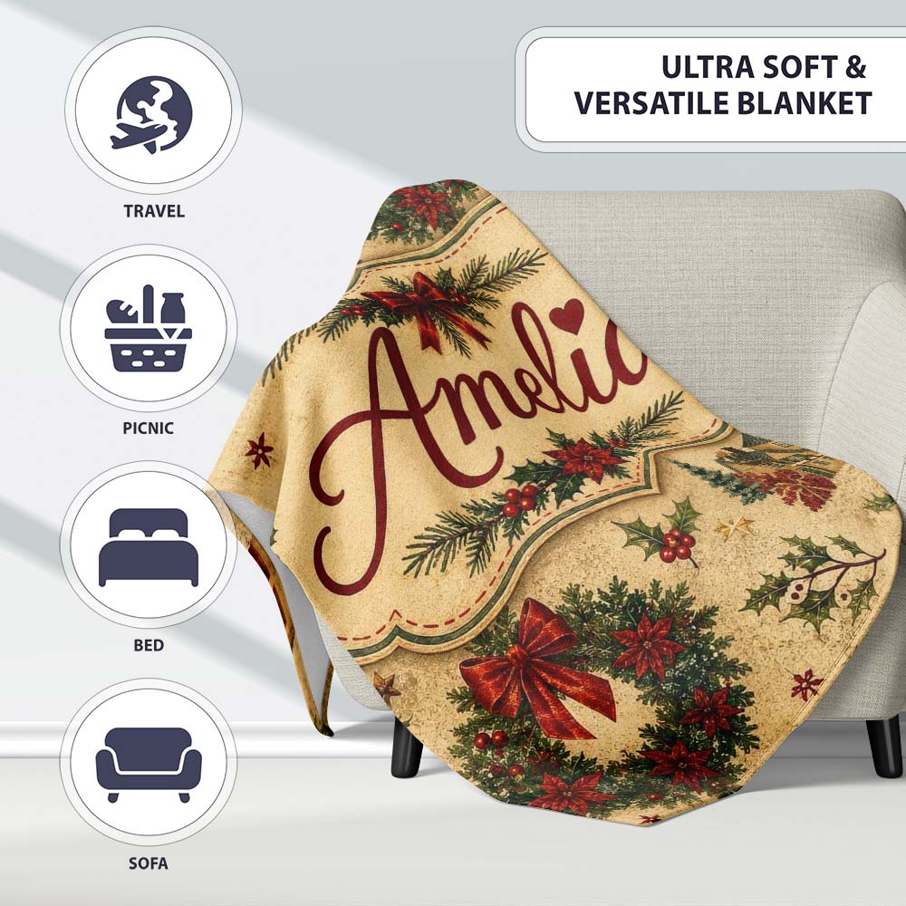 Vintage Christmas Wreaths Bows Houses and Festive Holiday Elements Personalised Custom Name Super Soft Fleece Blanket Bed Sofa Throw