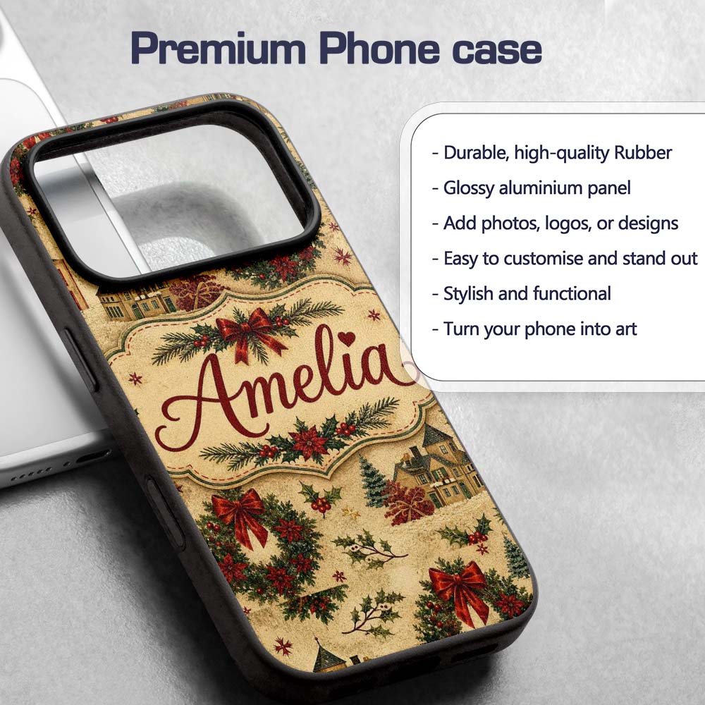 Vintage Christmas Wreaths Bows Houses and Festive Custom Name Protective Phone Case Mobile Cover Durable Everyday Smartphone Shock Resistant