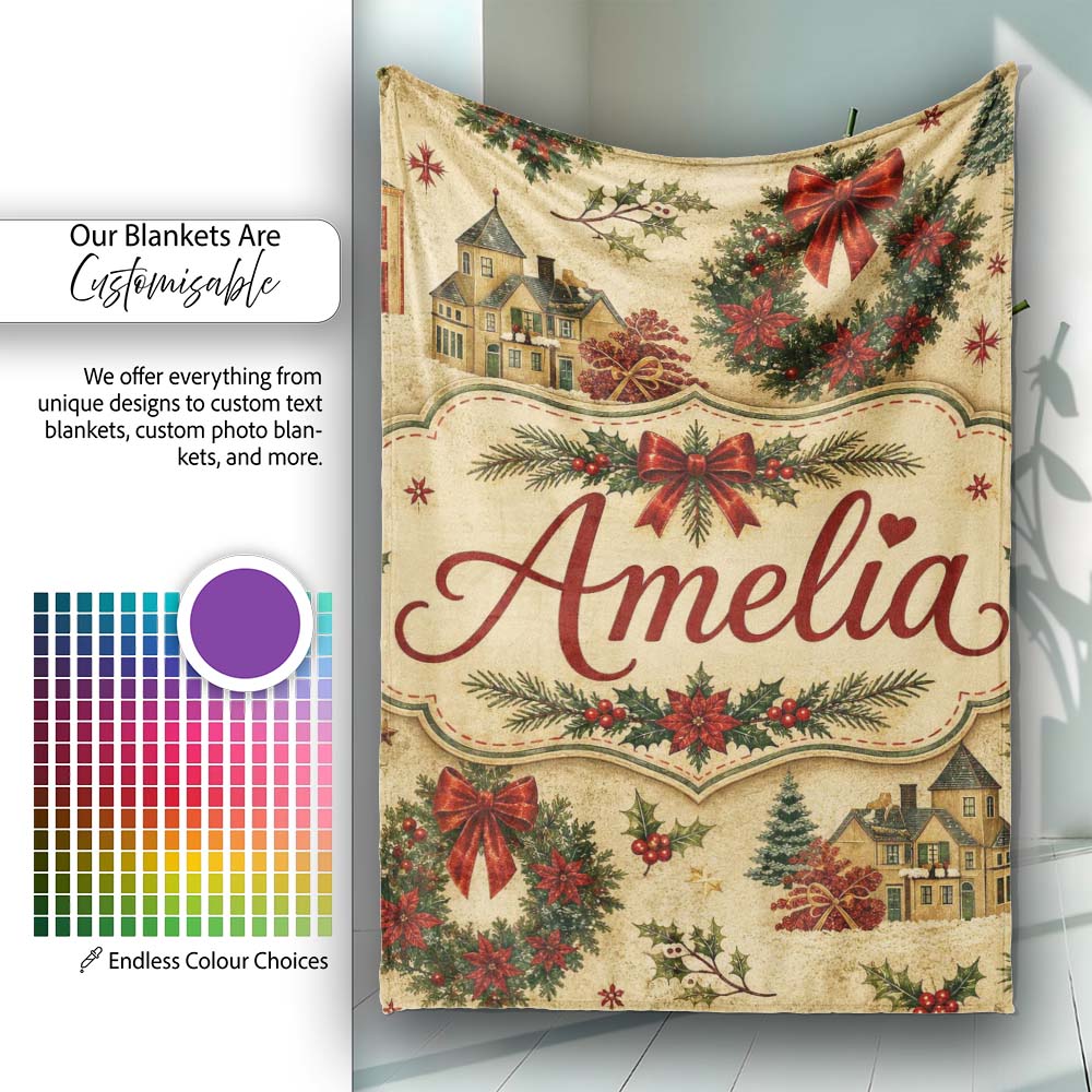 Vintage Christmas Wreaths Bows Houses and Festive Holiday Elements Personalised Custom Name Super Soft Fleece Blanket Bed Sofa Throw