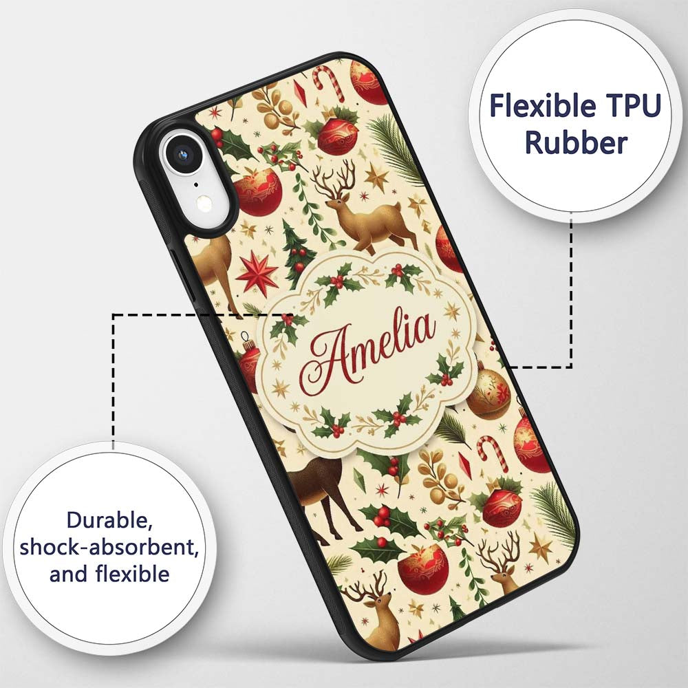 Elegant Christmas Reindeer Ornaments Stars Holly Custom Name Protective Phone Case Mobile Cover Durable Everyday Smartphone Shock Resistant