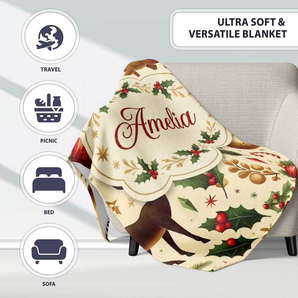 Elegant Christmas Reindeer Ornaments Stars Holly Leaves and Festive Personalised Custom Name Super Soft Fleece Blanket Bed Sofa Throw