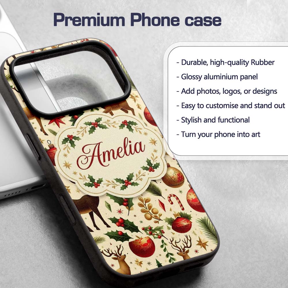 Elegant Christmas Reindeer Ornaments Stars Holly Custom Name Protective Phone Case Mobile Cover Durable Everyday Smartphone Shock Resistant