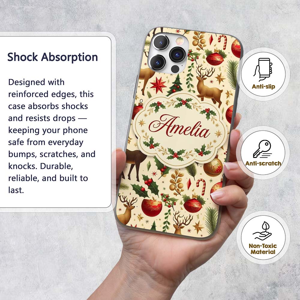 Elegant Christmas Reindeer Ornaments Stars Holly Custom Name Protective Phone Case Mobile Cover Durable Everyday Smartphone Shock Resistant