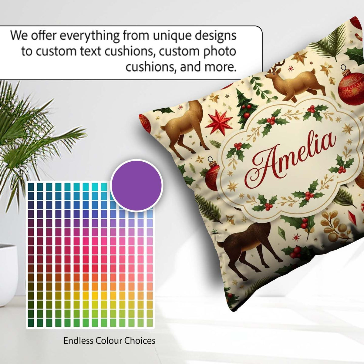 Custom Name Elegant Christmas Reindeer Ornaments Stars Holly and Square Filled Cushion Throw Pillow Sofa Bed Home Decor Zip Washable UK Made