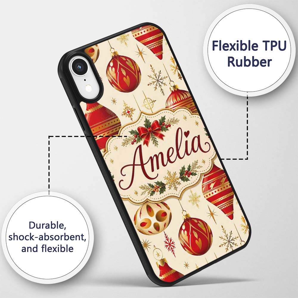 Luxury Red and Gold Christmas Baubles Snowflakes Custom Name Protective Phone Case Mobile Cover Durable Everyday Smartphone Shock Resistant
