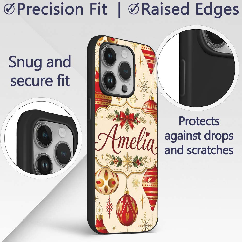 Luxury Red and Gold Christmas Baubles Snowflakes Custom Name Protective Phone Case Mobile Cover Durable Everyday Smartphone Shock Resistant