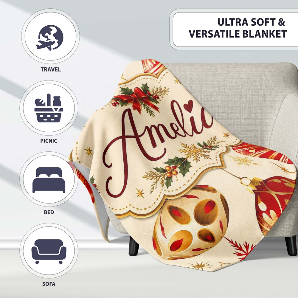 Luxury Red and Gold Christmas Baubles Snowflakes and Star Elements Personalised Custom Name Super Soft Fleece Blanket Bed Sofa Throw