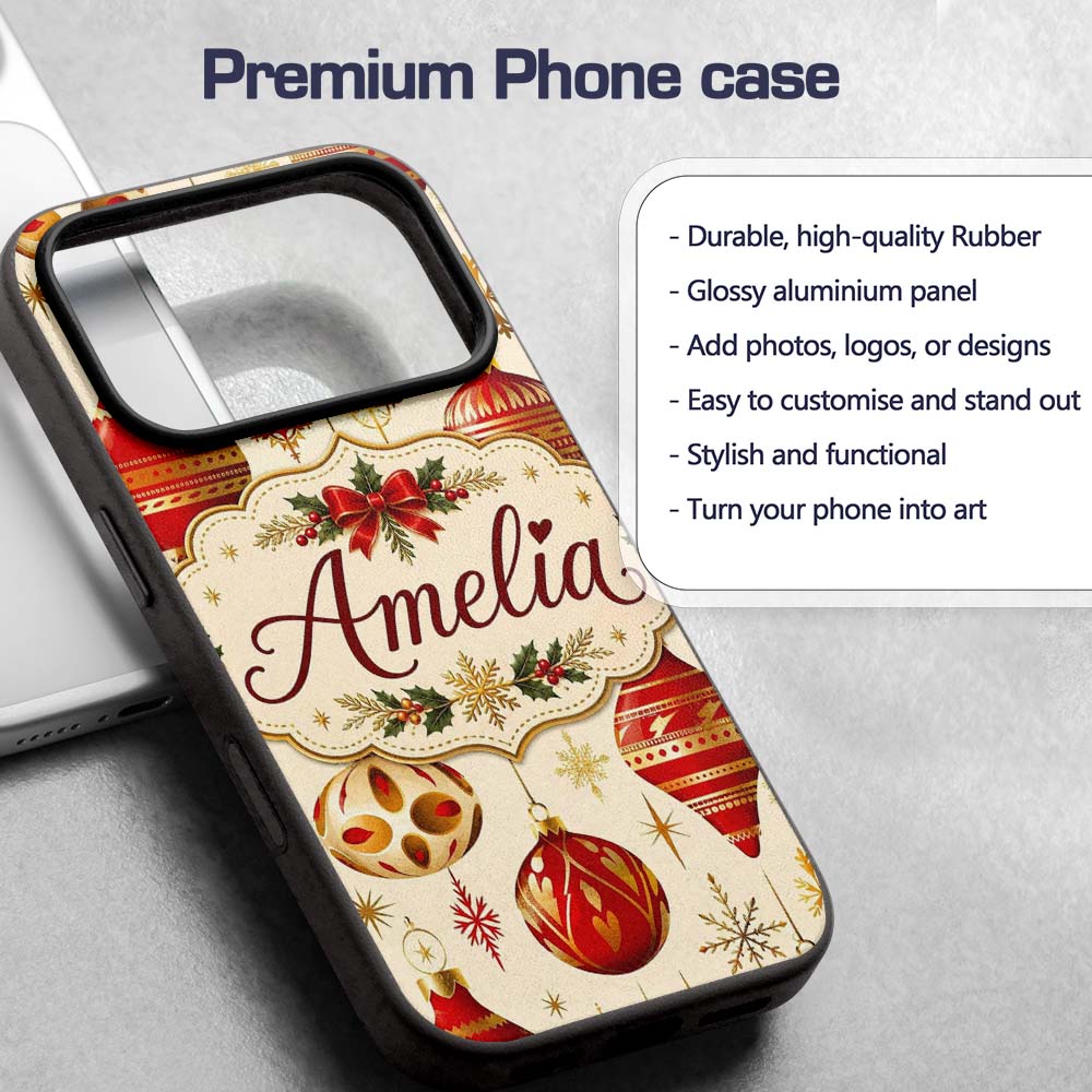 Luxury Red and Gold Christmas Baubles Snowflakes Custom Name Protective Phone Case Mobile Cover Durable Everyday Smartphone Shock Resistant