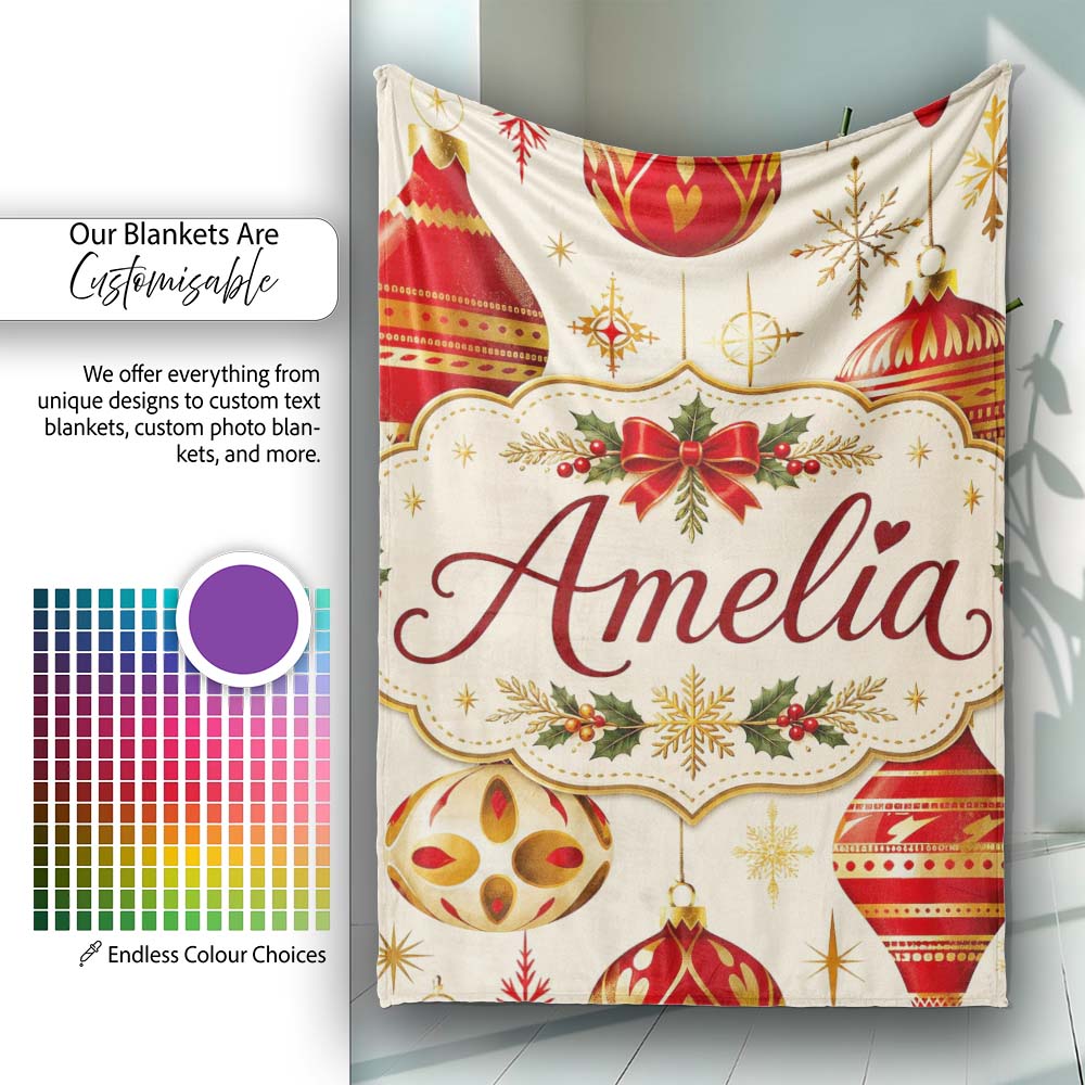 Luxury Red and Gold Christmas Baubles Snowflakes and Star Elements Personalised Custom Name Super Soft Fleece Blanket Bed Sofa Throw