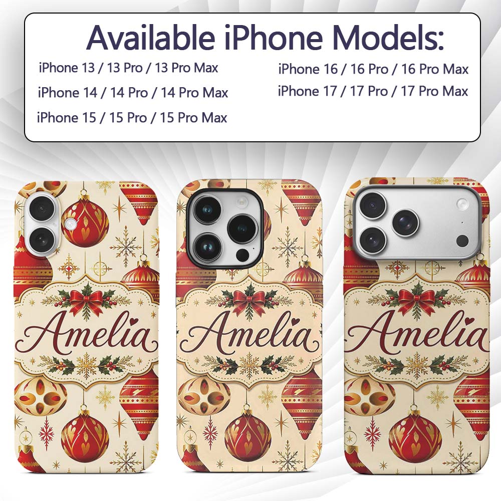 Luxury Red and Gold Christmas Baubles Snowflakes Custom Name Protective Phone Case Mobile Cover Durable Everyday Smartphone Shock Resistant