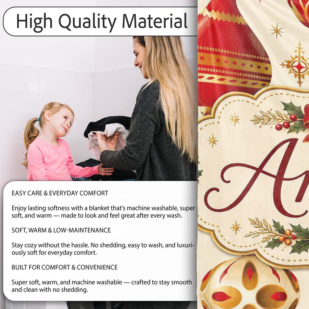Luxury Red and Gold Christmas Baubles Snowflakes and Star Elements Personalised Custom Name Super Soft Fleece Blanket Bed Sofa Throw
