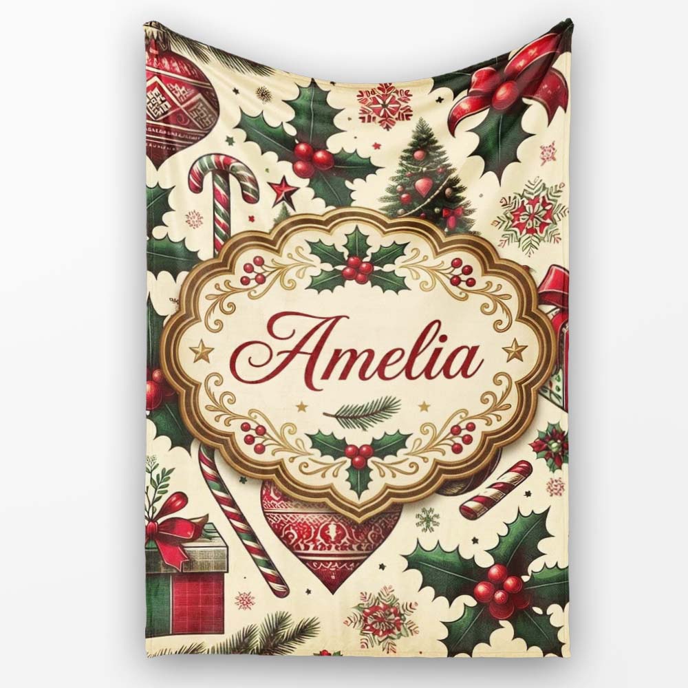 Classic Christmas Trees Candy Canes Gifts and Holly Berry Elements Personalised Custom Name Super Soft Fleece Blanket Bed Sofa Throw
