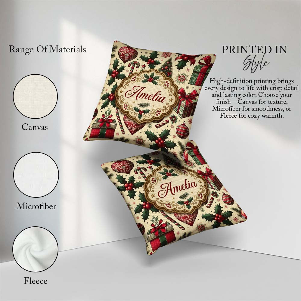 Custom Name Christmas Trees Candy Canes Gifts and Holly Elements Square Filled Cushion Throw Pillow Sofa Bed Home Decor Zip Washable UK Made