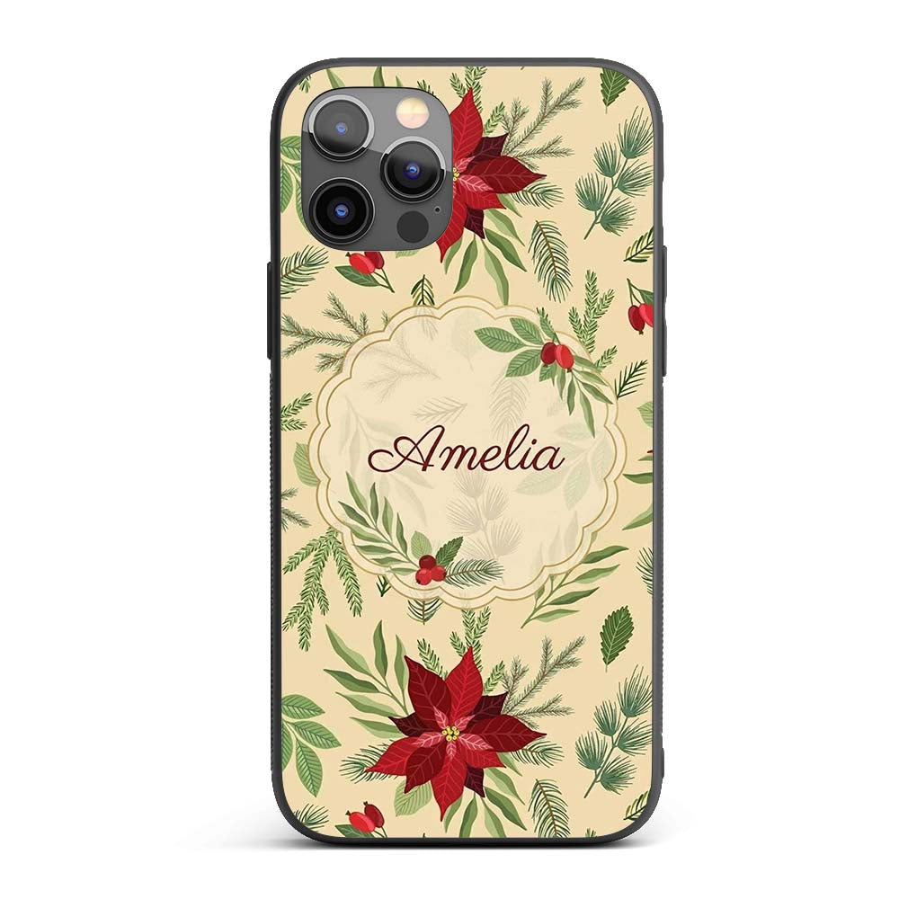 Elegant Botanical Pine Leaves Poinsettia Flowers Custom Name Protective Phone Case Mobile Cover Durable Everyday Smartphone Shock Resistant
