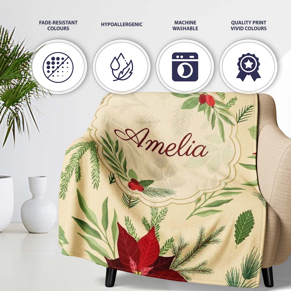Elegant Botanical Pine Leaves Poinsettia Flowers and Winter Greenery Personalised Custom Name Super Soft Fleece Blanket Bed Sofa Throw