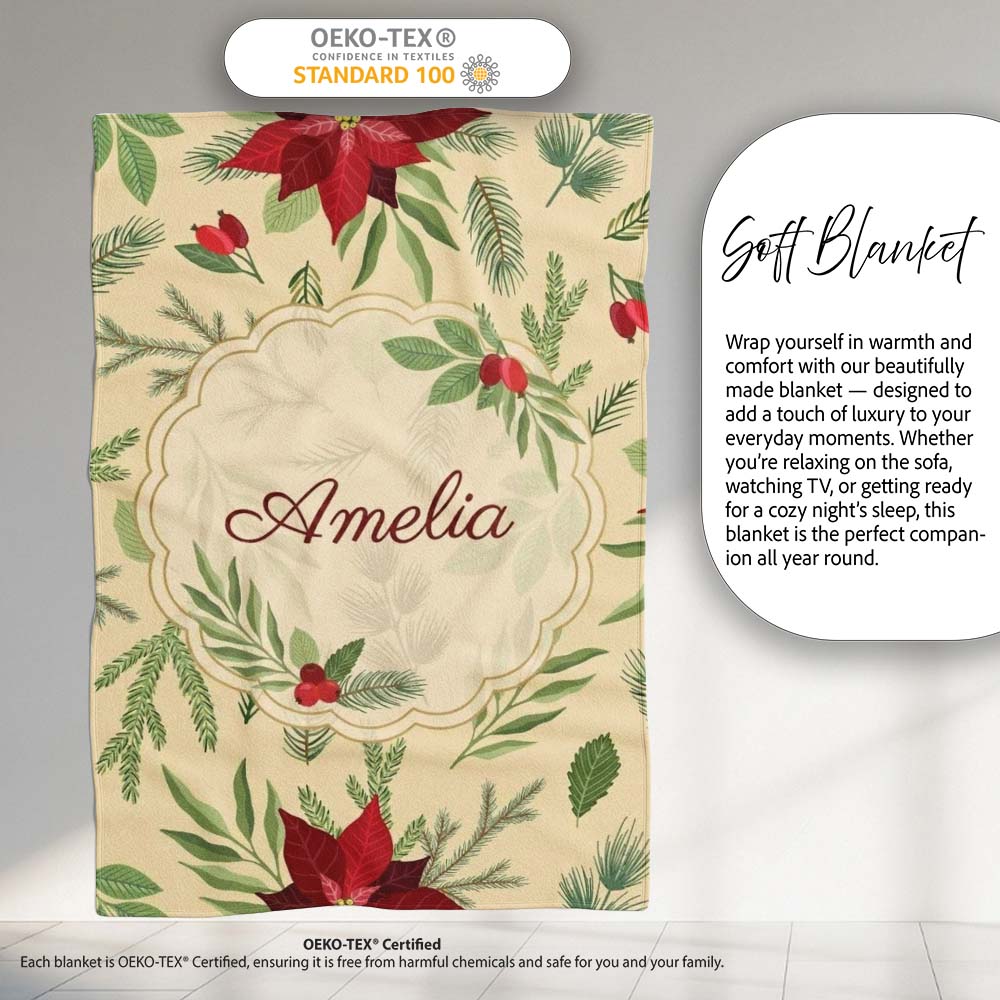 Elegant Botanical Pine Leaves Poinsettia Flowers and Winter Greenery Personalised Custom Name Super Soft Fleece Blanket Bed Sofa Throw