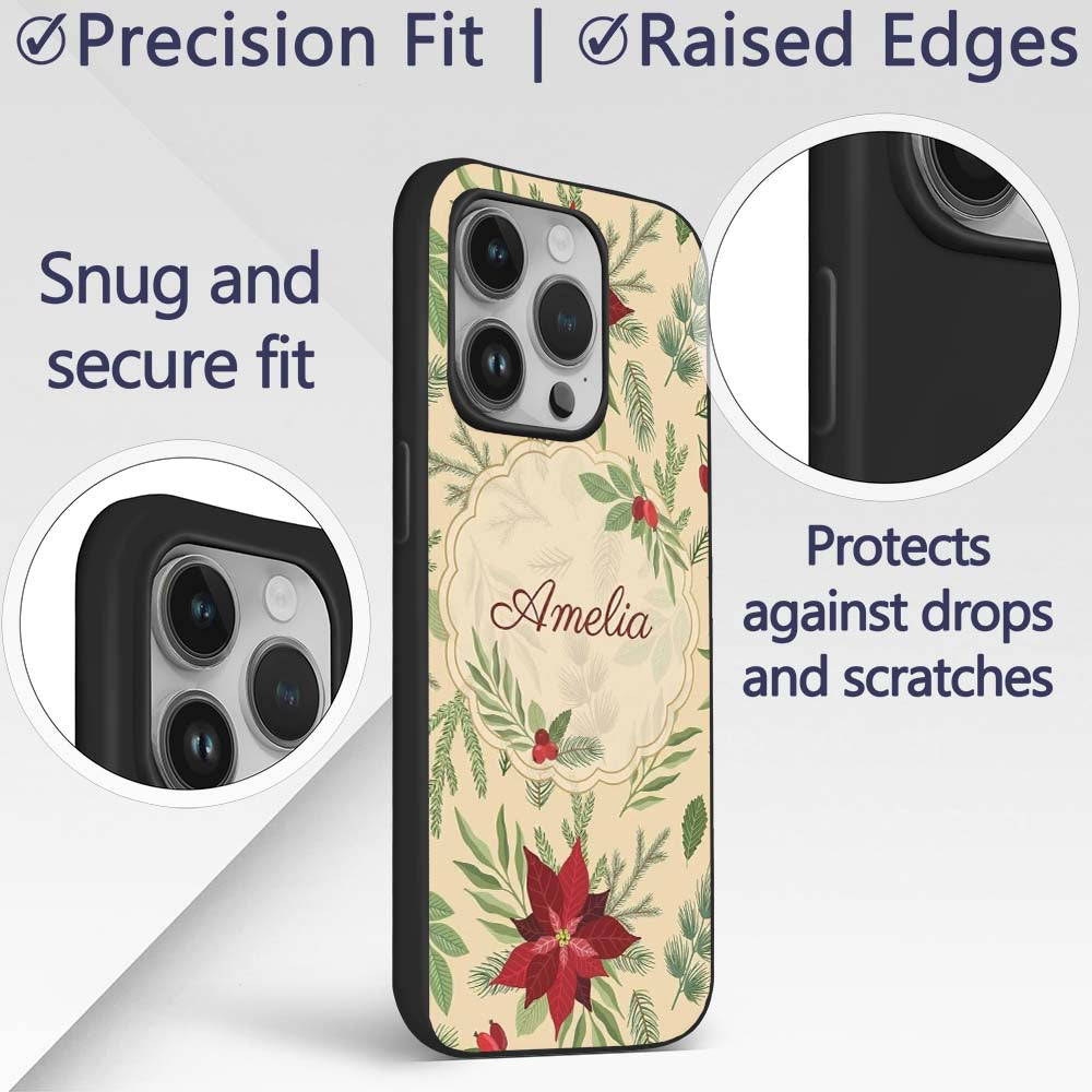 Elegant Botanical Pine Leaves Poinsettia Flowers Custom Name Protective Phone Case Mobile Cover Durable Everyday Smartphone Shock Resistant