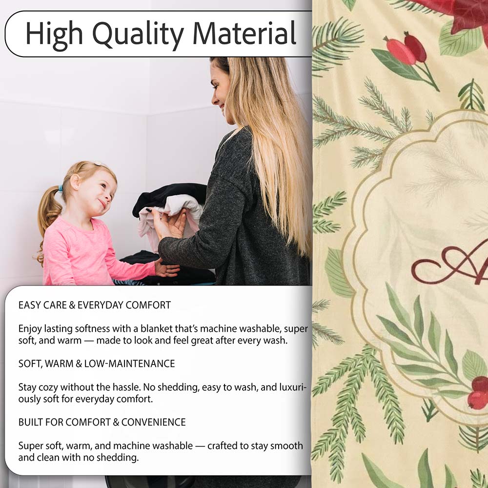 Elegant Botanical Pine Leaves Poinsettia Flowers and Winter Greenery Personalised Custom Name Super Soft Fleece Blanket Bed Sofa Throw