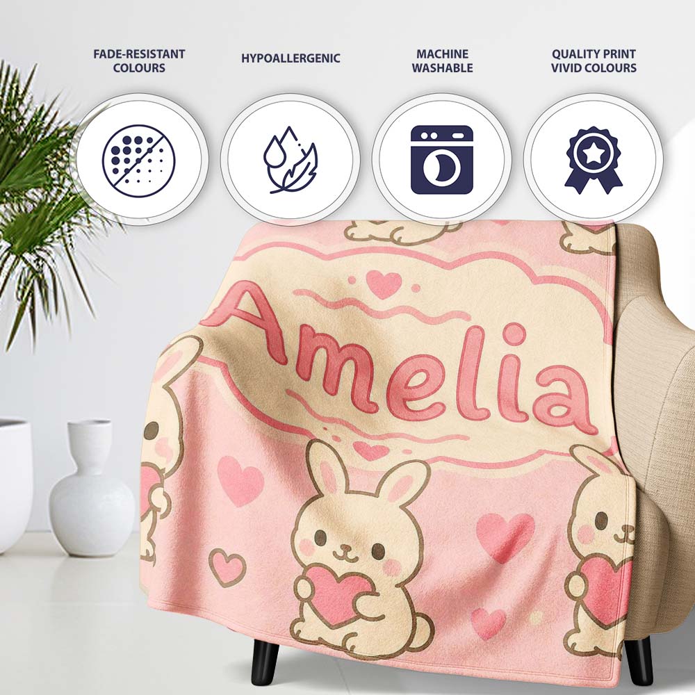 Cute Bunny Heart Cartoon Animal Love Pattern Perfect Gift for Her Personalised Custom Name Super Soft Fleece Blanket Bed Sofa Throw