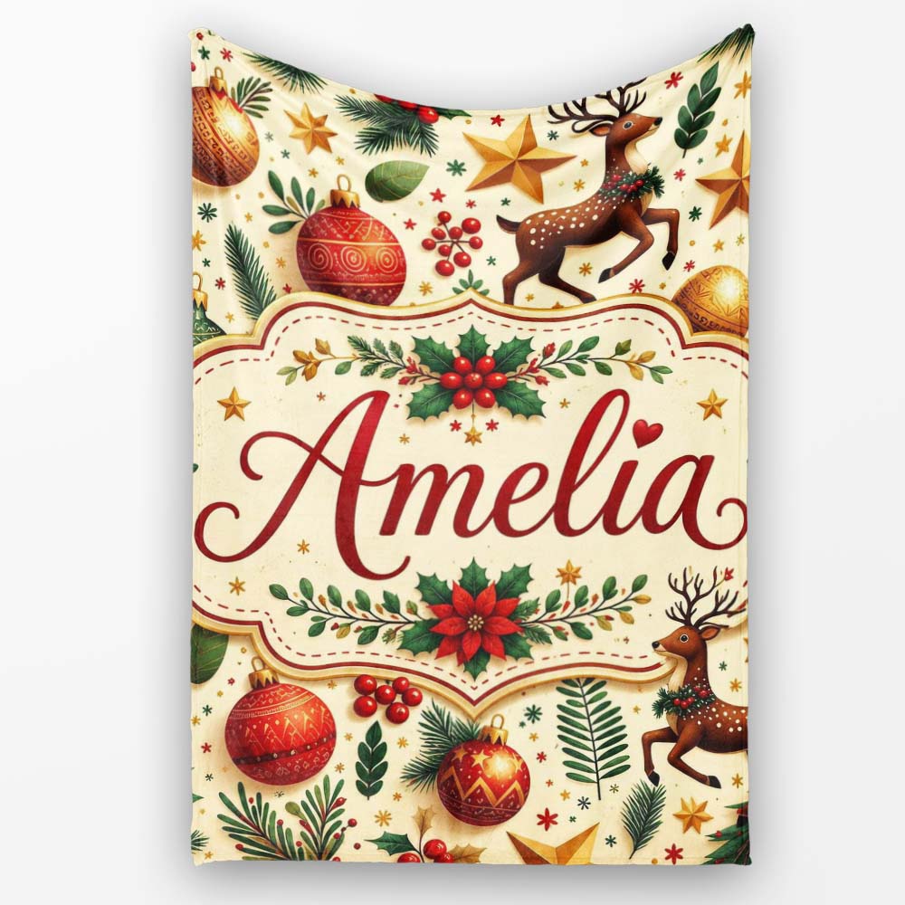 Festive Christmas Reindeer Baubles Stars and Holly Berry Elements Personalised Custom Name Super Soft Fleece Blanket Bed Sofa Throw