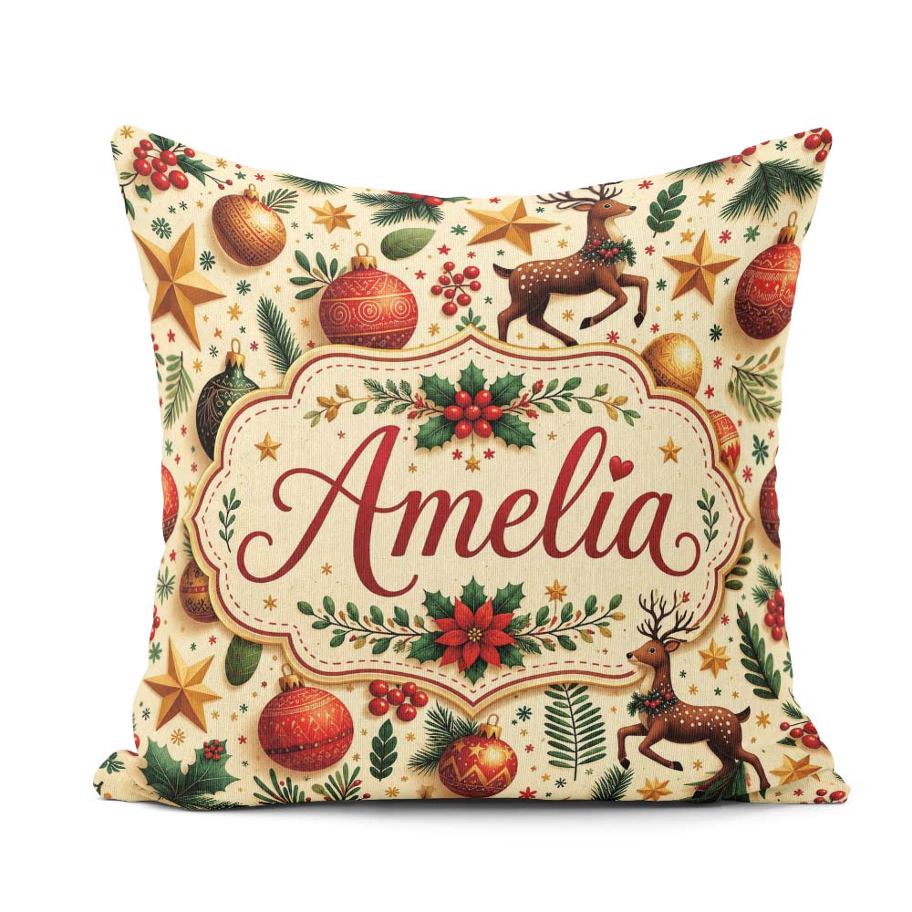 Custom Name Festive Christmas Reindeer Baubles Stars Holly Berry Square Filled Cushion Throw Pillow Sofa Bed Home Decor Zip Washable UK Made