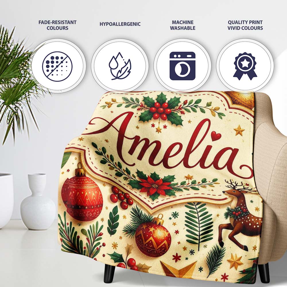 Festive Christmas Reindeer Baubles Stars and Holly Berry Elements Personalised Custom Name Super Soft Fleece Blanket Bed Sofa Throw