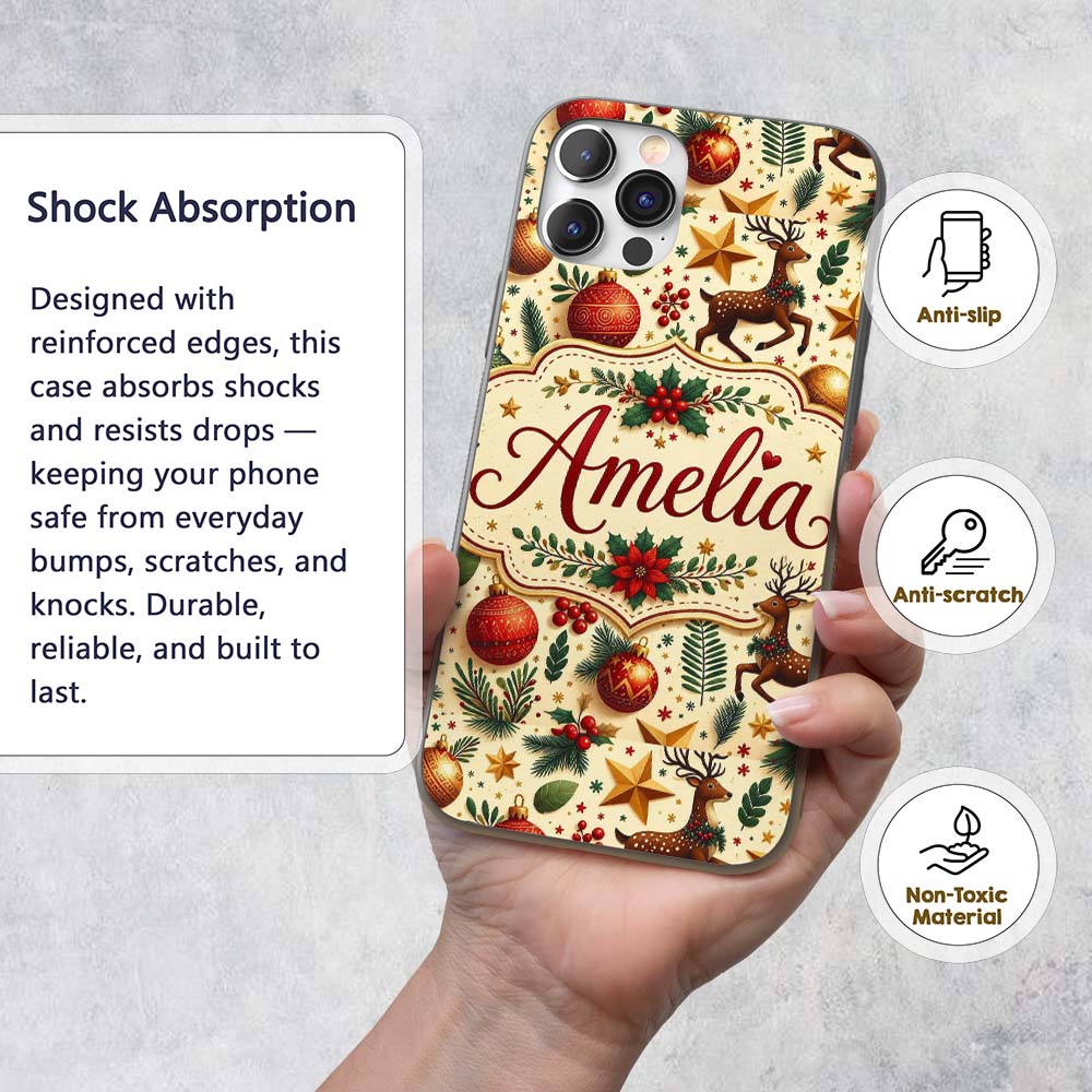 Festive Christmas Reindeer Baubles Stars and Custom Name Protective Phone Case Mobile Cover Durable Everyday Smartphone Shock Resistant