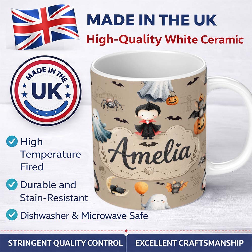 Personalized Custom Name Halloween Vampire Ghost Bat Spooky Character Taupe Seamless Pattern 11oz Ceramic Coffee Tea Mug White Large Handle