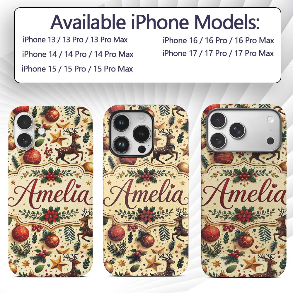 Festive Christmas Reindeer Baubles Stars and Custom Name Protective Phone Case Mobile Cover Durable Everyday Smartphone Shock Resistant