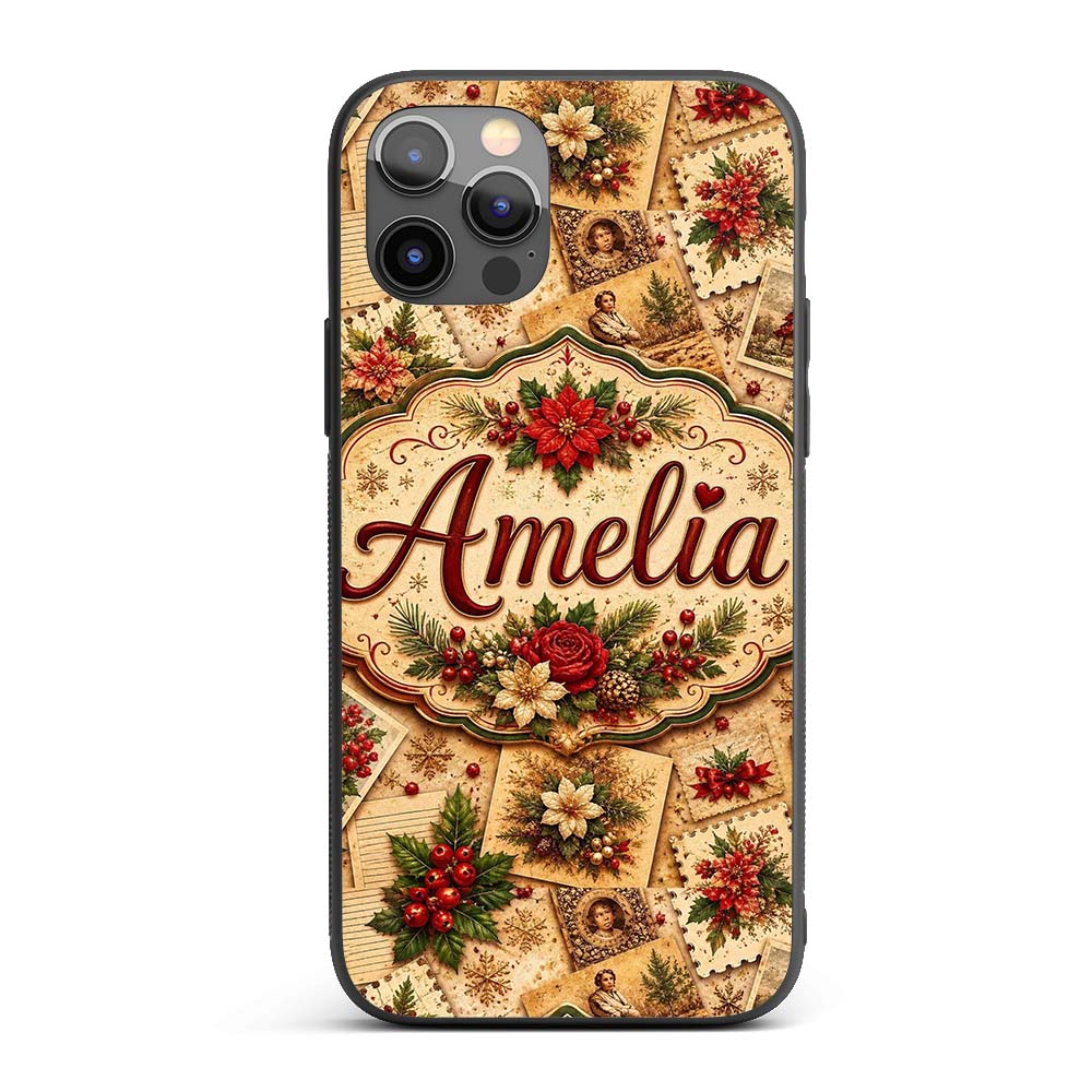 Vintage Christmas Cards Floral Arrangements and Custom Name Protective Phone Case Mobile Cover Durable Everyday Smartphone Shock Resistant