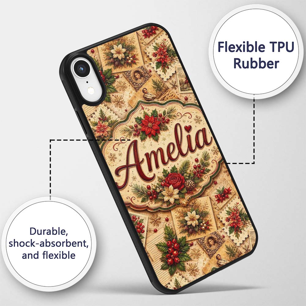 Vintage Christmas Cards Floral Arrangements and Custom Name Protective Phone Case Mobile Cover Durable Everyday Smartphone Shock Resistant