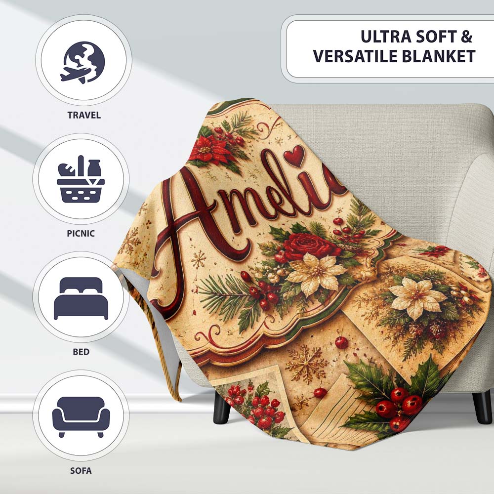 Vintage Christmas Cards Floral Arrangements and Rustic Holiday Personalised Custom Name Super Soft Fleece Blanket Bed Sofa Throw