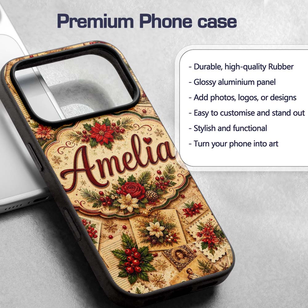 Vintage Christmas Cards Floral Arrangements and Custom Name Protective Phone Case Mobile Cover Durable Everyday Smartphone Shock Resistant