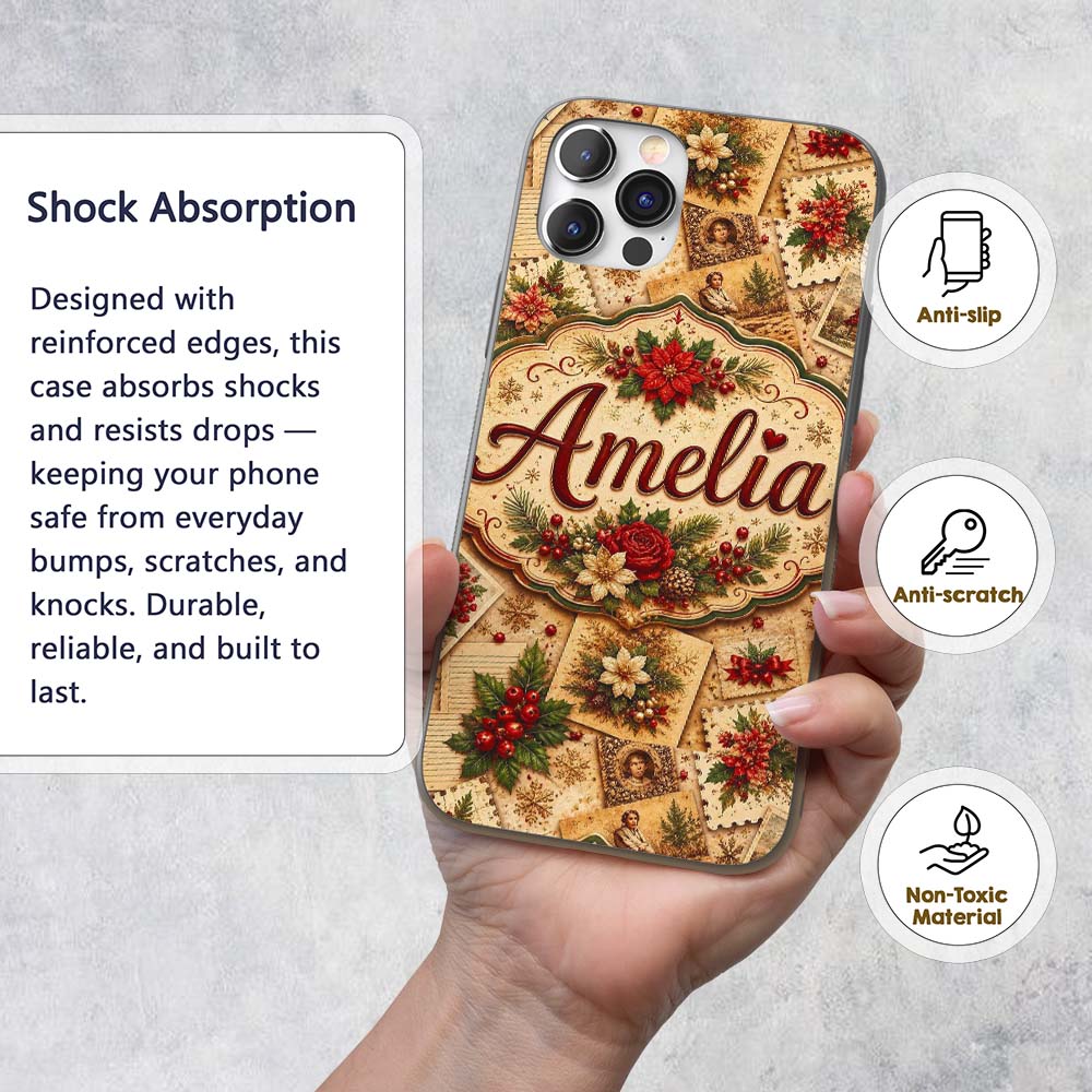 Vintage Christmas Cards Floral Arrangements and Custom Name Protective Phone Case Mobile Cover Durable Everyday Smartphone Shock Resistant