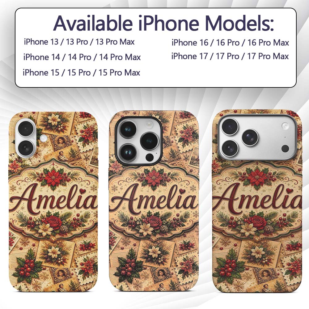 Vintage Christmas Cards Floral Arrangements and Custom Name Protective Phone Case Mobile Cover Durable Everyday Smartphone Shock Resistant
