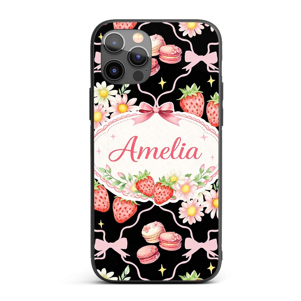 Strawberry Cherry Daisy Soft Neutral Outline Cute Custom Name Protective Phone Case Mobile Cover Durable Everyday Smartphone Shock Resistant