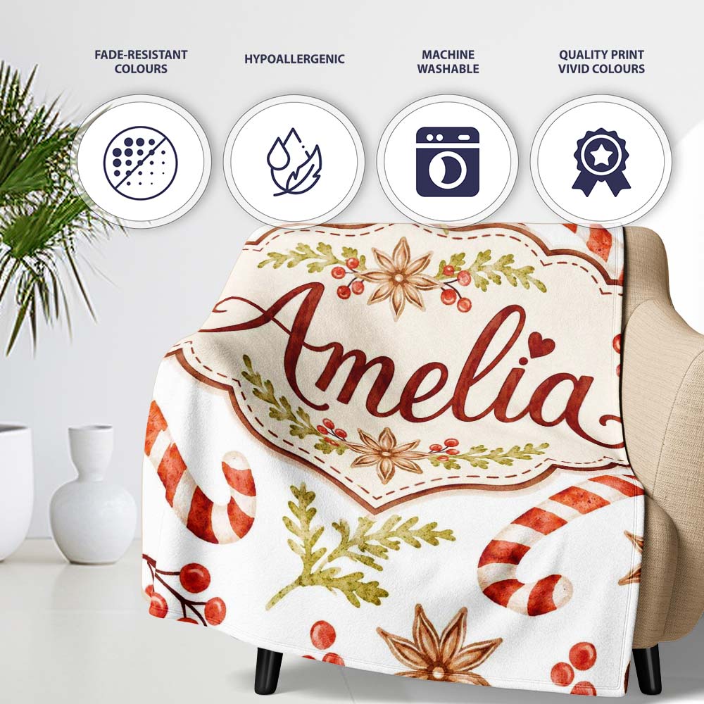 Watercolor Candy Canes Gift Box Berries and Winter Botanical Lovely Personalised Custom Name Super Soft Fleece Blanket Bed Sofa Throw