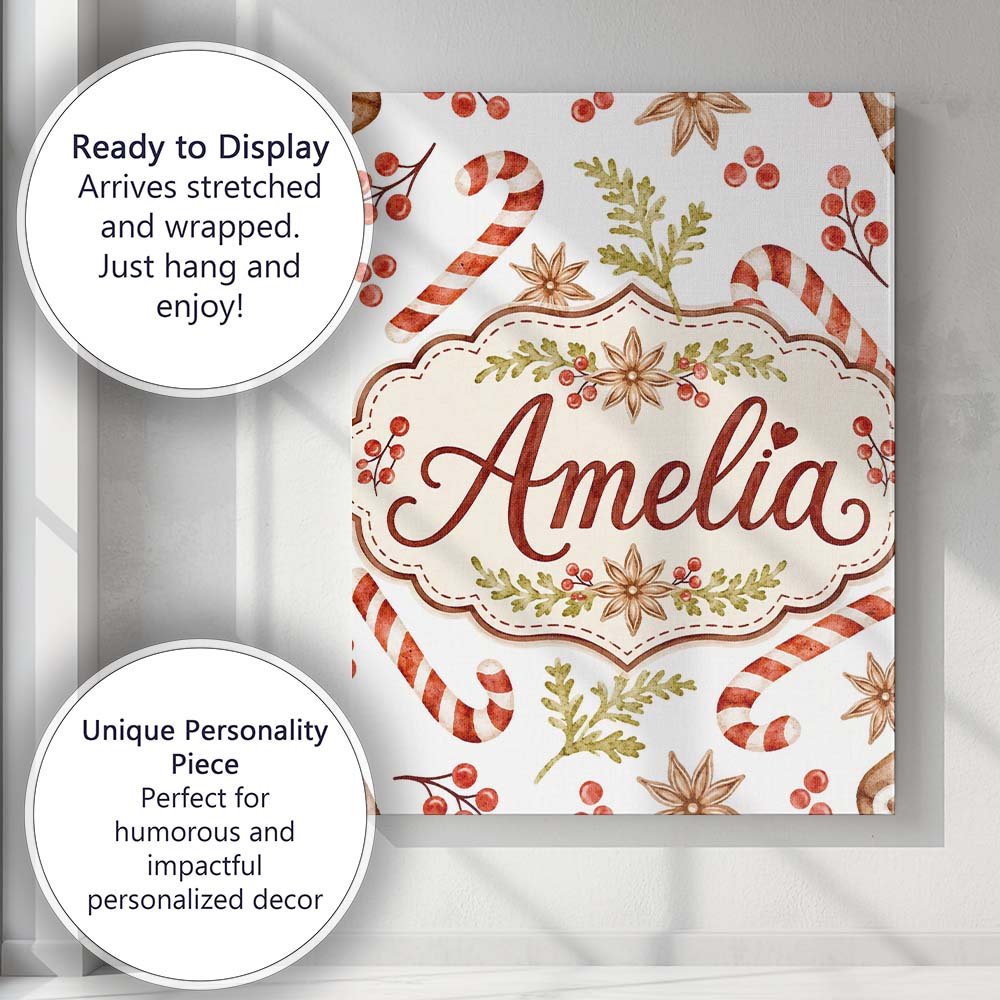 Personalised Name Watercolor Candy Canes Custom Unique Gift Idea Elegant Feature Canvas Wall Art Print Decor Picture Ready to Hang