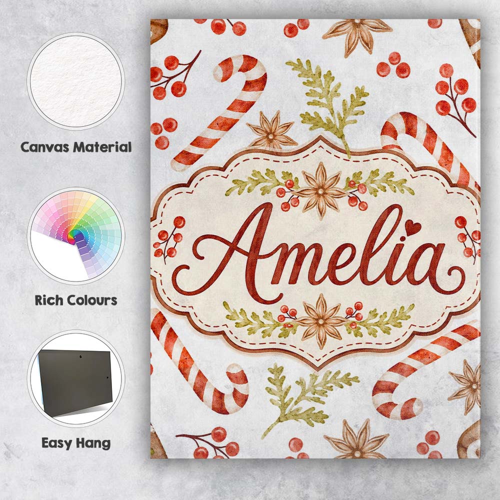 Personalised Name Watercolor Candy Canes Custom Unique Gift Idea Elegant Feature Canvas Wall Art Print Decor Picture Ready to Hang