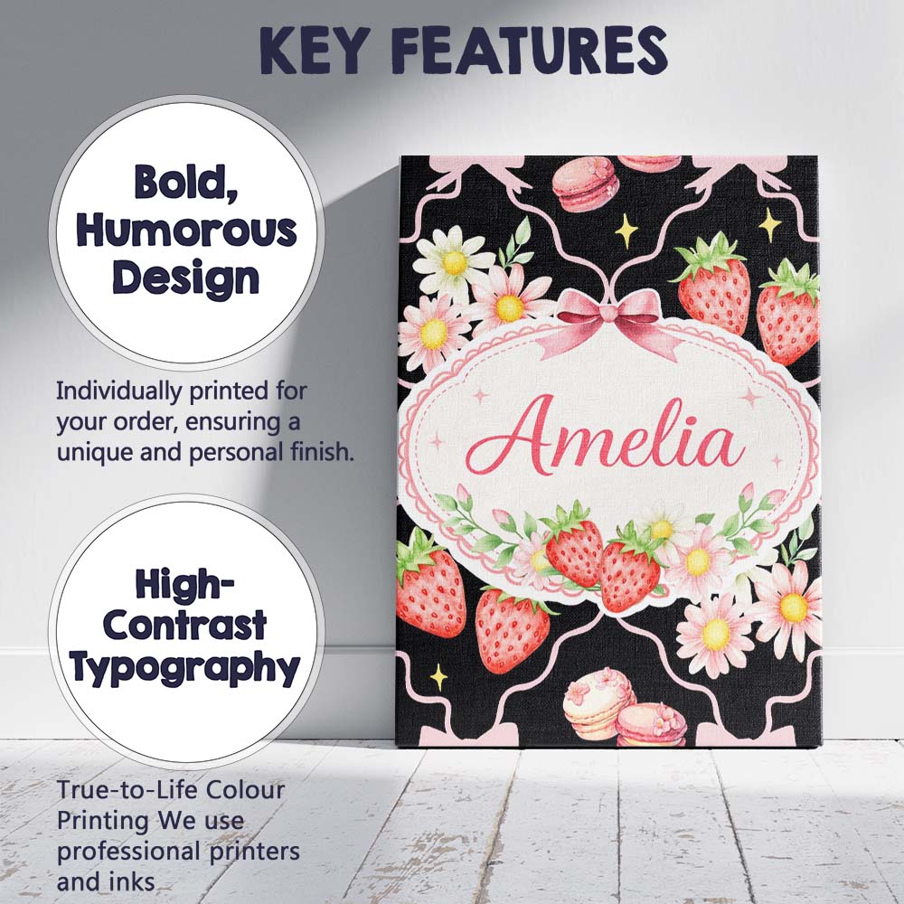 Personalised Name Strawberry Cherry Daisy Soft Neutral Outline Cute Custom Canvas Wall Art Print Decor Picture Ready to Hang