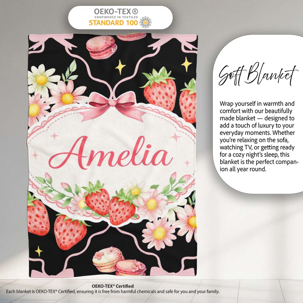 Strawberry Cherry Daisy Soft Neutral Outline Cute Coquette Floral Personalised Custom Name Super Soft Fleece Blanket Bed Sofa Throw